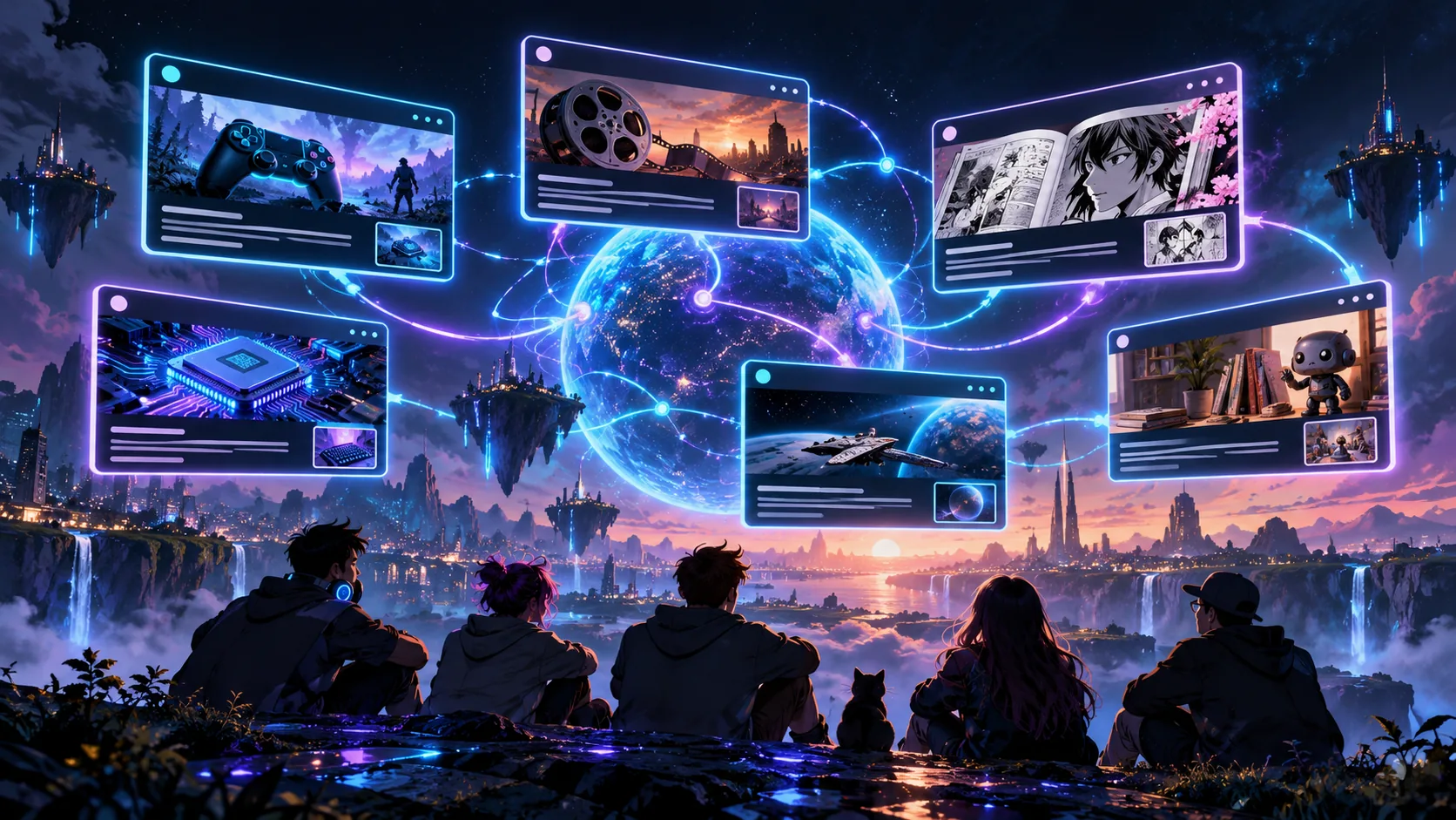 Illustration de publications geek reliées par des lumières cyan et violettes