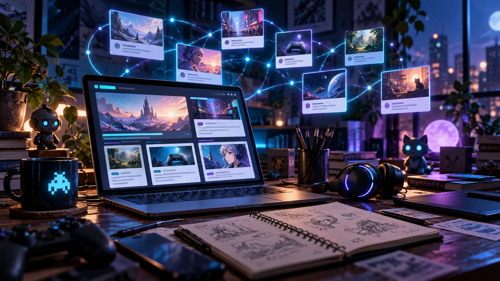Illustration d’un bureau créatif et d’un ordinateur entouré de publications connectées