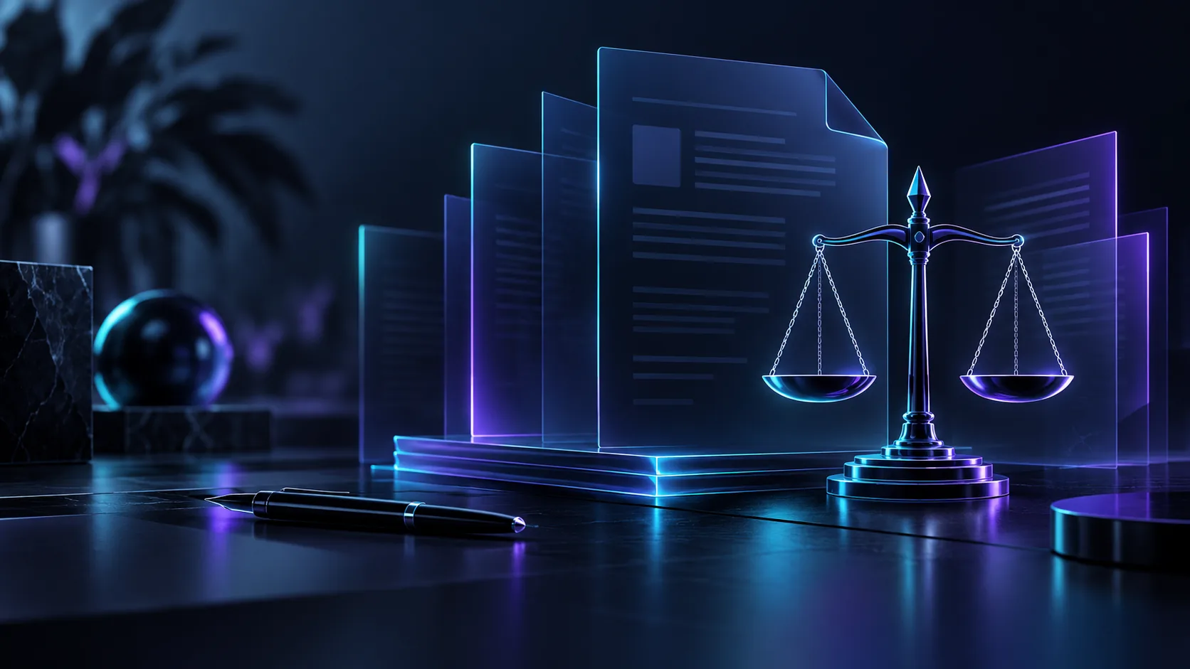 Illustration de documents et d’une balance éclairés en cyan et violet